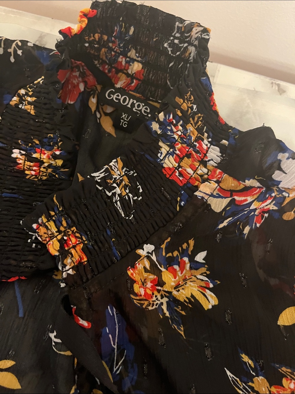 😍CLEARANCE- GEORGE Black Sheer Floral Tie Neck, Long Sleeve, Swiss Dot Blouse XL - Picture 8 of 12